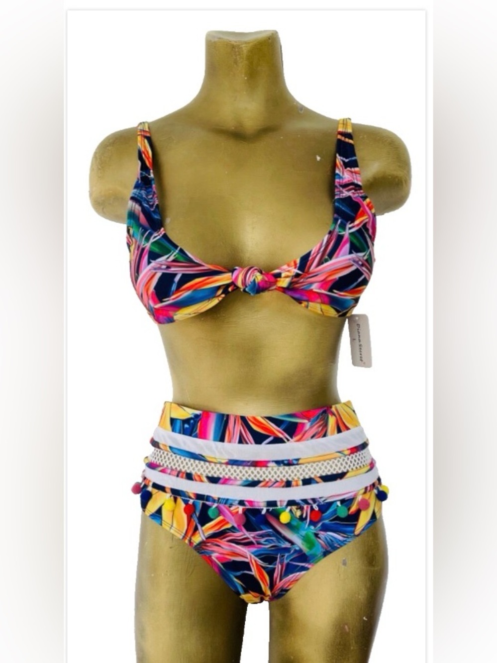 TROPICAL Bird of PARADISE NWT Pom-Pom Trimmed 2-PC BIKINI Swimsuit size Large